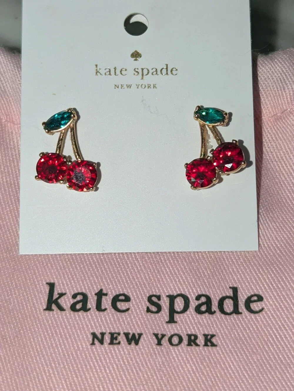 NWT kate spade Ma Cherie 🍒 Crystal Stud Earrings with Red + Green crystals.